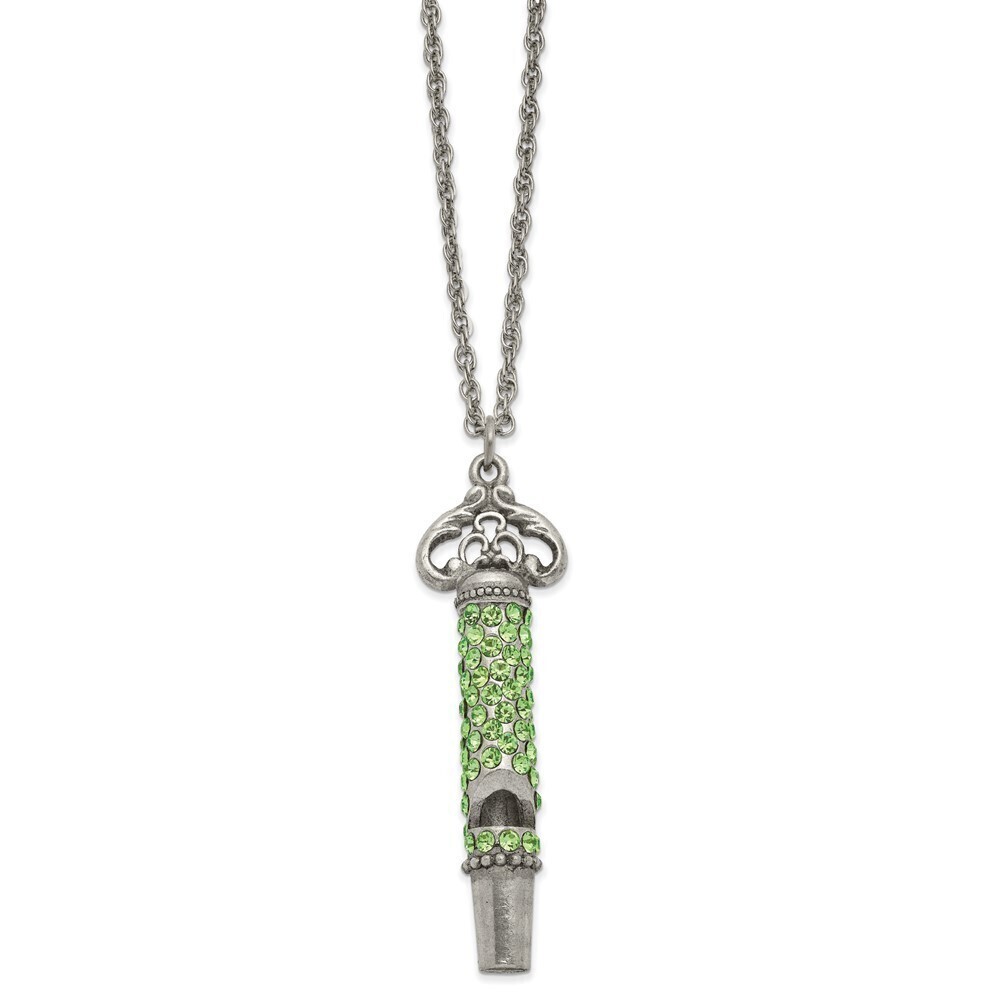 1928 Pewter-tone 30in Lt Green Crystal Functional Whistle Necklace